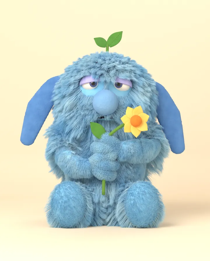 Mossy, a sleepy blue furry puppet with droopy ears and a sprout on its head, holding a flower